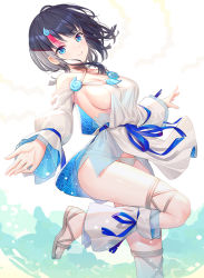 Rule 34 | &gt;:), 1girl, black hair, blue eyes, blue ribbon, breasts, closed mouth, commentary request, detached sleeves, dress, fate/grand order, fate/requiem, fate (series), highres, long hair, long sleeves, looking at viewer, magatama hair ornament, medium breasts, multicolored hair, panties, puffy long sleeves, puffy sleeves, red hair, ribbon, ririko (zhuoyandesailaer), sandals, see-through, seigaiha, sideboob, sleeves past wrists, smile, solo, standing, standing on one leg, streaked hair, toes, underwear, utsumi erice, v-shaped eyebrows, white dress, white panties, white sleeves, wide sleeves