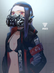 Rule 34 | 1girl, armband, black hair, choker, commentary request, cyberpunk, emblem, gas mask, hair pulled back, hands in pockets, highres, iyo (nanaka-0521), jacket, long hair, looking at viewer, mask, mouth mask, navel, open clothes, open jacket, original, red eyes, solo