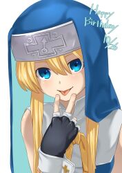Rule 34 | 1boy, :p, bare shoulders, black gloves, blonde hair, blue dress, blue eyes, bridget (guilty gear), cross, cuffs, dated, dress, fingerless gloves, gloves, guilty gear, guilty gear xx, habit, happy birthday, hashibirohou, latin cross, looking at viewer, male focus, mars symbol, nun, short hair with long locks, smile, tongue, tongue out, trap, v