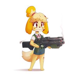 Rule 34 | 1girl, :3, animal crossing, animal ears, barefoot, blonde hair, blood, blood in hair, blood on arm, blood on face, blood on leg, bloody weapon, blue skirt, blush stickers, brown eyes, commentary, dog ears, dog girl, dog tail, doom (series), doom eternal, english commentary, full body, furry, furry female, green vest, gun, hair bobbles, hair ornament, hair tie, holding, holding gun, holding weapon, isabelle (animal crossing), jestami, neck ribbon, nintendo, plaid, plaid vest, red ribbon, ribbon, signature, simple background, skirt, smoke, solo, standing, tail, topknot, vest, weapon, white background