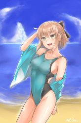 Rule 34 | 1girl, absurdres, ant.drew, aqua one-piece swimsuit, beach, black bow, blue sky, bow, breasts, cloud, collarbone, competition swimsuit, cowboy shot, day, fate (series), hair bow, half updo, highleg, highleg swimsuit, highres, horizon, koha-ace, light brown hair, looking at viewer, medium breasts, ocean, okita souji (fate), okita souji (koha-ace), one-piece swimsuit, open mouth, outdoors, shinsengumi, short hair, sky, smile, solo, swimsuit, teeth, upper teeth only