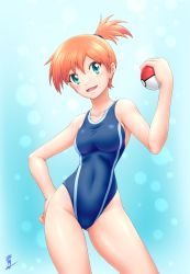 Rule 34 | 1girl, alternate color, aozame takao, blue background, blue one-piece swimsuit, competition swimsuit, contrapposto, cowboy shot, creatures (company), game freak, gluteal fold, gradient background, gym leader, hand on own hip, highres, holding, holding poke ball, looking at viewer, misty (pokemon), nintendo, one-piece swimsuit, open mouth, orange hair, poke ball, poke ball (basic), pokemon, pokemon hgss, pokemon rgby, print swimsuit, short hair, side ponytail, signature, solo, standing, swimsuit, thighs