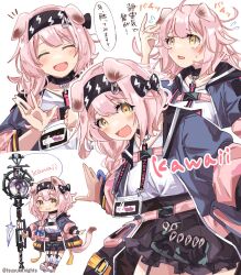 Rule 34 | 1girl, adjusting hair, animal ears, arknights, belt, black bow, black hairband, black skirt, blue bow, blue jacket, blush, bow, braid, cat ears, cat girl, cat tail, chibi, closed eyes, commentary, cowboy shot, cropped torso, floppy ears, full body, goldenglow (arknights), hair bow, hairband, highres, holding, holding staff, id card, infection monitor (arknights), jacket, lightning bolt print, looking at viewer, looking up, messy hair, multicolored clothes, multicolored jacket, open mouth, pink belt, pink hair, pink jacket, print hairband, romaji text, scottish fold, shirt, short hair, side braid, simple background, skirt, smile, staff, swept bangs, tail, tsuyuki yuki, twitter username, two-tone jacket, white background, white shirt