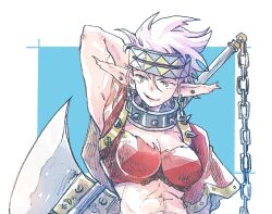 Rule 34 | 1girl, axe, breasts, collar, earrings, grandia, grandia i, hair ornament, headband, holding, holding axe, jewelry, medium breasts, michibata 65, milda (grandia), muscular, muscular female, open mouth, pointy ears, protected link, purple hair, short hair, smile, solo, spiked collar, spikes, weapon