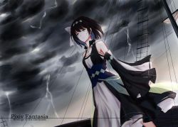 Rule 34 | 1girl, black hair, bow, cloud, cloudy sky, collarbone, green eyes, hair bow, jewelry, lightning, looking away, necklace, original, pixiv fantasia, pixiv fantasia revenge of the darkness, ship, short hair, sky, solo, watercraft, white bow, xing muhen