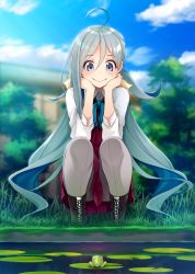 Rule 34 | 1girl, ahoge, blue eyes, blue sky, blurry, boots, bow, bowtie, clothes between thighs, cloud, commentary request, cross-laced footwear, day, depth of field, frog, grey hair, grey pantyhose, hair between eyes, halterneck, kantai collection, kiyoshimo (kancolle), lace-up boots, lily pad, long hair, low twintails, mofu namako, outdoors, pantyhose, shirt, sky, smile, solo, squatting, twintails, very long hair, white shirt