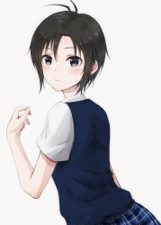 Rule 34 | 1girl, antenna hair, black hair, blue eyes, blue skirt, blush, closed mouth, commentary request, from side, highres, idolmaster, idolmaster (classic), kikuchi makoto, looking at viewer, looking to the side, mogskg, plaid, plaid skirt, school uniform, short hair, short sleeves, simple background, skirt, solo, sweater vest, upper body, white background