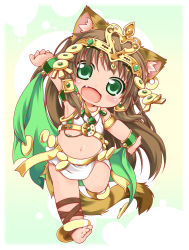 Rule 34 | 1girl, animal ears, ankle lace-up, anklet, barefoot, bastet (p&amp;d), brown hair, cat ears, cat tail, cross-laced footwear, crown, egyptian, fang, green eyes, jewelry, kuroneko liger, long hair, lots of jewelry, midriff, open mouth, puzzle &amp; dragons, solo, tail