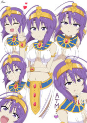 Rule 34 | 1girl, ahoge, blush, breasts, cleavage, closed eyes, closed mouth, commentary request, egyptian clothes, highres, jashin-chan dropkick, large breasts, looking at viewer, medusa (jashin-chan dropkick), multiple views, navel, no bra, open mouth, purple eyes, purple hair, ritsu 1345, short hair, smile, tears, tongue, tongue out, v