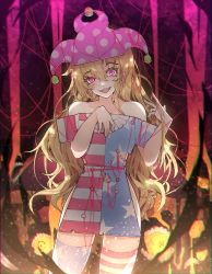 Rule 34 | 1girl, american flag dress, american flag legwear, chiroru (cheese-roll), clownpiece, covering privates, cowboy shot, gradient background, hair between eyes, hat, highres, holding, jester cap, light particles, long hair, looking at viewer, nude cover, open mouth, pink eyes, smile, solo, standing, touhou
