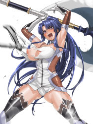 Rule 34 | 1girl, arms up, artist request, axe, bare shoulders, battle axe, blue hair, blush, bodysuit, boots, breasts, breasts out, cameltoe, cleavage, clothing cutout, curvy, dress, embarrassed, high ponytail, highres, hime cut, holding, holding weapon, huge weapon, large breasts, legs apart, long hair, looking at viewer, lower teeth only, nipples, no bra, open mouth, panties, parted bangs, partially visible vulva, ponytail, puffy nipples, red eyes, shiny clothes, shiny skin, short dress, side-tie panties, side cutout, simple background, solo, surprised, taimanin (series), taimanin asagi, taimanin murasaki, teeth, thighhighs, thighs, thong, torn bodysuit, torn clothes, underwear, upper teeth only, very long hair, weapon, white background, yatsu murasaki