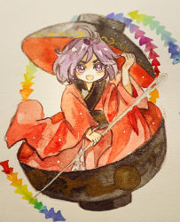 Rule 34 | 1girl, bowl, bowl hat, hat, holding, holding needle, in bowl, in container, japanese clothes, key747h, kimono, mini person, minigirl, needle, open mouth, painting (medium), paper texture, purple eyes, purple hair, rainbow order, red kimono, sukuna shinmyoumaru, touhou, traditional media, watercolor (medium), wide sleeves