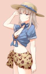 Rule 34 | 10s, 1girl, bikini, blue eyes, blush, bow, breasts, brown bikini, brown hat, casual, cleavage, closed mouth, collared shirt, cowboy shot, front-tie top, girls und panzer, hand on headwear, hat, hat bow, itsumi erika, light frown, long hair, looking at viewer, medium breasts, navel, pink background, print bikini, sarong, shirt, short sleeves, silver hair, simple background, solo, standing, sun hat, swimsuit, viscount shishamo