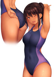 Rule 34 | 1girl, adjusting clothes, adjusting swimsuit, armpits, arms behind head, ass, black hair, breasts, brown eyes, competition swimsuit, covered navel, cowboy shot, dark skin, looking at viewer, medium breasts, momo no kanzume, multiple views, one-piece swimsuit, one eye closed, open mouth, original, short hair, swimsuit, white background