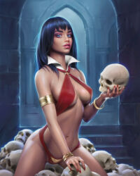 Rule 34 | 1girl, absurdres, armlet, black hair, blue eyes, bracelet, breasts, commentary, highres, holding, holding skull, jewelry, large breasts, medium breasts, navel, o-ring, o-ring dress, parted lips, red nails, signature, skull, slingshot dress, solo, vampirella, vampirella (character), will jack