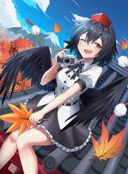 Rule 34 | 1girl, 74239600, ;d, absurdres, autumn leaves, belt, bird wings, black belt, black ribbon, black skirt, black wings, blue sky, breasts, camera, cloud, cloudy sky, collared shirt, day, falling leaves, feathered wings, frilled skirt, frills, hand fan, happy, hat, hauchiwa, highres, holding, holding camera, holding fan, leaf, medium breasts, miniskirt, mountainous horizon, neck ribbon, on roof, one eye closed, open mouth, pom pom (clothes), puffy short sleeves, puffy sleeves, red eyes, red hat, ribbon, shameimaru aya, shirt, short hair, short sleeves, sitting, skirt, sky, smile, solo, tokin hat, touhou, tree, white shirt, wings
