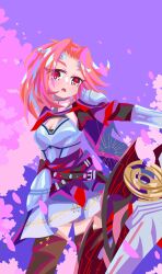 1girl armor black_gloves black_thighhighs breasts capelet dress evanhehehe gloves heaven_burns_red highres large_breasts maria_de_angelis parted_bangs purple_background red_capelet red_eyes red_hair shoulder_armor solo thighhighs weapon