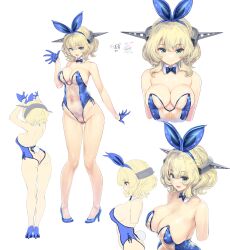 Rule 34 | 1girl, absurdres, animal ears, ass, bare legs, blonde hair, blue bow, blue bowtie, blue eyes, bow, bowtie, breasts, cleavage, colorado (kancolle), commentary request, commission, cowboy shot, detached collar, headgear, highres, kantai collection, kiyama satoshi, large breasts, leotard, looking at viewer, multiple views, playboy bunny, rabbit ears, rabbit tail, see-through, see-through leotard, short hair, side-tie leotard, simple background, skeb commission, smile, standing, strapless, strapless leotard, tail, upper body, white background, white footwear, white leotard, wrist cuffs