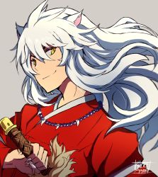 Rule 34 | 1boy, ahoge, animal ears, commentary request, dog ears, fingernails, from side, fur trim, grey background, gurepyon, hair between eyes, holding, holding sword, holding weapon, inuyasha, inuyasha (character), japanese clothes, jewelry, long hair, looking at viewer, looking to the side, male focus, necklace, sharp fingernails, signature, simple background, smile, solo, sword, weapon, white hair, wide sleeves, yellow eyes