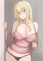 Rule 34 | 1girl, absurdres, black panties, blonde hair, blue eyes, breasts, brown cardigan, camisole, cardigan, cleavage, commentary request, cowboy shot, grey background, highres, kantai collection, ken (shutenndouji1), large breasts, long hair, looking at viewer, panties, pink camisole, solo, underwear, warspite (kancolle)