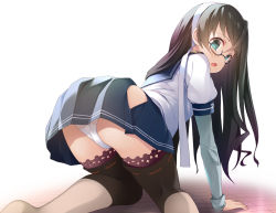 Rule 34 | 1girl, all fours, black hair, blouse, blue sailor collar, blue skirt, blush, brown thighhighs, glasses, hairband, hip vent, kantai collection, long hair, long sleeves, mofu namako, ooyodo (kancolle), open mouth, panties, sailor collar, school uniform, shirt, simple background, skirt, solo, thighhighs, underwear, white hairband, white panties, white shirt