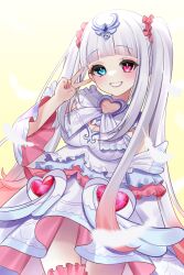 Rule 34 | 1girl, amagi ru, blue eyes, clenched teeth, commission, copyright request, cowboy shot, dress, hair ornament, hair scrunchie, hand up, heterochromia, highres, long hair, pink eyes, scrunchie, skeb commission, smile, solo, teeth, twintails, v, virtual youtuber, white hair