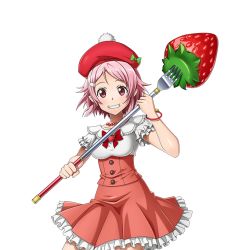 Rule 34 | 1girl, bonnet, bow, bowtie, collarbone, cowboy shot, grin, hat, high-waist skirt, holding, jewelry, lisbeth (sao), lisbeth (sao-alo), looking at viewer, mob cap, necklace, pink hair, pointy ears, red bow, red bowtie, red eyes, red hat, red skirt, shiny skin, shirt, short hair, short sleeves, skirt, smile, solo, standing, sword art online, transparent background, white shirt