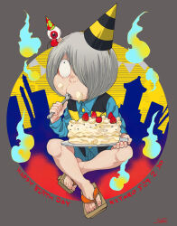 Rule 34 | . ., 2boys, birthday cake, cake, commentary request, crossed legs, eating, eyeball, father and son, feet, food, food on face, fork, fruit, gegege no kitarou, grey hair, hair over one eye, hat, hitodama, holding, holding fork, kitarou, looking up, male focus, medama oyaji, multiple boys, one eye covered, party hat, red eyes, sandals, short hair, sitting, strawberry, yuunagi415