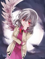 Rule 34 | 1girl, bow, bowtie, brown jacket, covering own mouth, dress, feathered wings, grey hair, grey wings, hand over own mouth, jacket, kishin sagume, looking at viewer, nakukoroni, open clothes, open jacket, purple dress, red eyes, single wing, solo, touhou, wings