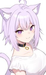 Rule 34 | 1girl, :3, absurdres, animal collar, animal ear fluff, animal ears, blush, cat ears, cat girl, cat tail, collar, collarbone, highres, hololive, looking at viewer, nekomata okayu, portrait, purple hair, ruka tou, shirt, simple background, smile, solo, t-shirt, tail, tail raised, upper body, virtual youtuber, white background, white shirt