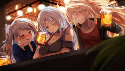 Rule 34 | 3girls, :d, ^ ^, admiral hipper (azur lane), alcohol, alternate costume, antenna hair, armband, azur lane, bar (place), beer, beer mug, blurry, casual, choker, closed eyes, collarbone, commentary request, contemporary, cup, depth of field, drunk, grey eyes, highres, holding, holding cup, lamp, light brown hair, long hair, mug, multicolored hair, multiple girls, one side up, open mouth, prinz eugen (azur lane), shimofuji jun, sidelocks, silver hair, smile, tallinn (azur lane), two-tone hair, two side up