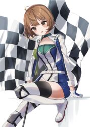 Rule 34 | 1girl, belt, blush, boots, breasts, brown eyes, brown hair, cropped jacket, flag, gloves, jacket, kantai collection, long sleeves, oboro (kancolle), official alternate costume, one-hour drawing challenge, open clothes, open jacket, open mouth, race queen, short hair, simple background, small breasts, smile, solo, thigh boots, white background, white belt, white footwear, white gloves, white jacket, yamashichi (mtseven)