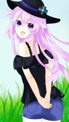 Rule 34 | adult neptune, frilly top, grass, happy, hat, highres, irogami024, long hair, neptune (neptunia), neptune (seires), neptune (series), open mouth, purple eyes, purple hair, shorts, sky, summer, summer vacation, thighs, very long hair