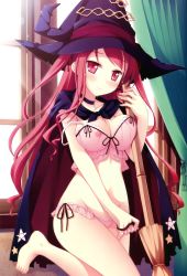 Rule 34 | 1girl, absurdres, barefoot, blush, breast press, breasts, broom, cape, choker, cleavage, covered erect nipples, hair ribbon, hat, highres, hinomiya ayari, ko~cha, leg up, long hair, medium breasts, navel, nipples, panties, pink eyes, pink hair, ribbon, see-through, smile, solo, two side up, underwear, witch&#039;s garden, witch hat