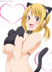Rule 34 | 1girl, animal ears, bare shoulders, bikini, blonde hair, blush, breasts, brown eyes, cat ears, cat girl, cat tail, fairy tail, female focus, gaston18, gloves, huge breasts, large breasts, looking at viewer, lucy heartfilia, open mouth, sideboob, smile, solo, swimsuit, tail, underboob