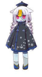 Rule 34 | 1girl, animal ears, black dress, black hat, blue footwear, braid, china dress, chinese clothes, dress, full body, glowing, glowing eyes, grey hair, hat, highres, jiangshi, long hair, long sleeves, low twintails, naga u, ofuda, open mouth, original, patchwork skin, qingdai guanmao, red eyes, shoes, short eyebrows, sidelocks, simple background, sleeves past wrists, solo, standing, thick eyebrows, twin braids, twintails, white background, wide sleeves