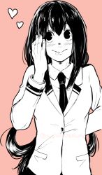 Rule 34 | 1girl, :p, artist name, asui tsuyu, black eyes, black hair, black necktie, blush, boku no hero academia, hair between eyes, hair rings, hand on own cheek, hand on own face, heart, jacket, koshidraws, long hair, looking away, looking to the side, low-tied long hair, monochrome, necktie, pink background, school uniform, shirt, sidelocks, solo, tagme, tongue, tongue out, upper body