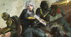 Rule 34 | 1girl, 3others, absurdres, aircraft, airplane, armor, assault rifle, belt, black belt, blood, blood on face, blue eyes, bullet, cape, commentary request, cowboy shot, day, feet out of frame, firing, gloves, grey hair, gun, helldiver (helldivers), helldivers (series), helmet, highres, holding, holding gun, holding weapon, looking at viewer, military, multiple others, no headwear, open mouth, outdoors, partial commentary, rifle, weapon, xianggang jizhe