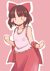 Rule 34 | 1girl, adapted costume, bare arms, bare shoulders, bow, breasts, brown hair, closed mouth, collarbone, commentary request, cowboy shot, frills, frown, hair bow, hair tubes, hakurei reimu, looking at viewer, off shoulder, outline, parted bangs, pink background, rangycrow, red bow, red skirt, red vest, short hair, simple background, skirt, small breasts, solo, touhou, vest, white outline, | |