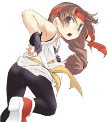 Rule 34 | 1girl, ryuuko no ken, ass, blush, braid, brown eyes, brown hair, commentary request, cyurin, dougi, fingerless gloves, gloves, headband, leggings, long hair, looking at viewer, shoes, simple background, single braid, sneakers, solo, spandex, the king of fighters, very long hair, white background, yuri sakazaki