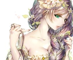 Rule 34 | 10s, 1girl, artist name, braid, breasts, brown hair, cleavage, collarbone, curly hair, fingernails, flower, green eyes, hair flower, hair ornament, hair over shoulder, leaf, lips, lma, long hair, looking at viewer, love live!, love live! school idol festival, love live! school idol project, off shoulder, profile, solo, tojo nozomi, upper body, white background