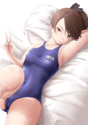 Rule 34 | 1girl, blue one-piece swimsuit, breasts, brown eyes, brown hair, cameltoe, cleft of venus, commentary request, cowboy shot, kantai collection, kasu (kasunohikari), lying, mixed-language commentary, name tag, one-piece swimsuit, ponytail, school swimsuit, shikinami (kancolle), short hair, small breasts, solo, swimsuit, v