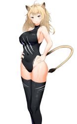 Rule 34 | 1girl, absurdres, adapted costume, ahoge, animal ears, arknights, armpit peek, bad id, bad pixiv id, black one-piece swimsuit, black thighhighs, blonde hair, bluerabbit gap, blush, breasts, closed mouth, commentary, covered erect nipples, covered navel, cowboy shot, hands on own hips, highres, large breasts, lion ears, lion tail, long hair, looking at viewer, mouth hold, one-piece swimsuit, sideboob, siege (arknights), simple background, solo, swimsuit, tail, thighhighs, thighs, wet, white background, yellow eyes