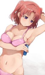 Rule 34 | 1girl, arm under breasts, arm up, armpits, bikini, blush, breasts, cleavage, closed mouth, collarbone, commentary request, deodorant, gradient background, highres, hiroki (yyqw7151), holding, medium breasts, mikakunin de shinkoukei, navel, parted bangs, pink bikini, purple eyes, red hair, short hair, solo, stomach, strap gap, swimsuit, two side up, upper body, white background, yonomori kobeni