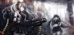 Rule 34 | 2girls, absurdres, aircraft, airplane, ammunition belt, arm at side, arm up, armor, bare shoulders, black dress, black gloves, black hair, black legwear, black serafuku, black skirt, black theme, bow, bowtie, breasts, building, cityscape, closed mouth, cloud, cloudy sky, debris, destroyer (girls&#039; frontline), double bun, dress, expressionless, floating, floating hair, floating object, floating weapon, from below, from side, girls&#039; frontline, gloves, green ribbon, grenade launcher, grey eyes, grey hair, hair between eyes, hair bun, hair ornament, hand in own hair, hand on own hip, hand to own mouth, highres, horns, jets, lens flare, long hair, looking at viewer, midriff, multiple girls, navel, npt shizuka, ouroboros (girls&#039; frontline), outdoors, pale skin, pantyhose, partial bodysuit, pleated skirt, red eyes, ribbon, rigging, ruins, sailor collar, sangvis ferri, scenery, school uniform, serafuku, serious, shirt, sidelocks, simple background, single hair bun, skirt, sky, skyscraper, small breasts, smile, standing, thighhighs, torn clothes, torn legwear, torn shirt, torn skirt, twilight, twintails, very long hair, weapon, white bow, white neckwear, wind, window, yellow eyes, zettai ryouiki