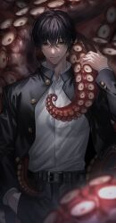 Rule 34 | 1boy, am88121, belt, black eyes, black hair, black jacket, blurry, buttons, chainsaw man, closed mouth, collared shirt, cowboy shot, depth of field, hair between eyes, hand in pocket, hand on tentacle, highres, jacket, light smile, looking at viewer, male focus, mole, mole under mouth, octopus, open clothes, open jacket, pants, shirt, solo, tentacles, white shirt, yoshida hirofumi