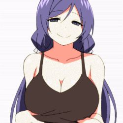 Rule 34 | 10s, 1girl, animated, animated gif, bare shoulders, breasts, female focus, green eyes, incomplete, large breasts, long hair, looking at viewer, love live!, love live! school idol project, lowres, no bra, purple hair, seductive smile, sky-freedom, smile, solo, teasing, tojo nozomi, twintails, ugoira, underboob, undressing, upper body