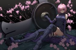 Rule 34 | 1girl, absurdres, armor, armored boots, bare shoulders, black armor, black legwear, boobplate, boots, breastplate, cherry blossoms, commentary, commission, english commentary, fate/grand order, fate (series), flower, gauntlets, hair over one eye, highres, holding, holding shield, holding weapon, in water, ku-ini, looking at viewer, mash kyrielight, one eye covered, outdoors, parted lips, pink flower, pink hair, purple eyes, shield, short hair, sitting, solo, teeth, water, weapon