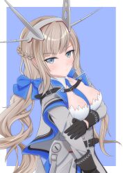 Rule 34 | 1girl, bell shireikan, between breasts, black gloves, blue bow, blue capelet, blue eyes, blue necktie, bow, braid, breasts, capelet, dress, french braid, gloves, grey capelet, grey dress, hair bow, headgear, highres, kantai collection, light brown hair, long hair, long sleeves, low twintails, maryland (kancolle), medium breasts, multicolored capelet, necktie, necktie between breasts, radio antenna, solo, twintails, very long hair