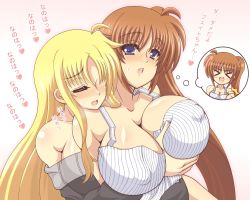 Rule 34 | &gt; &lt;, 00s, 10s, 2girls, blonde hair, blue eyes, breasts, brown hair, cleavage, couple, covered erect nipples, closed eyes, fate testarossa, groping, heart, highres, hug, hug from behind, huge breasts, imagining, kano-0724, long hair, looking at another, lyrical nanoha, mahou senki lyrical nanoha force, mahou shoujo lyrical nanoha, mahou shoujo lyrical nanoha strikers, mahou shoujo lyrical nanoha vivid, multiple girls, open mouth, ponytail, smile, takamachi nanoha, translation request, very long hair, yuri